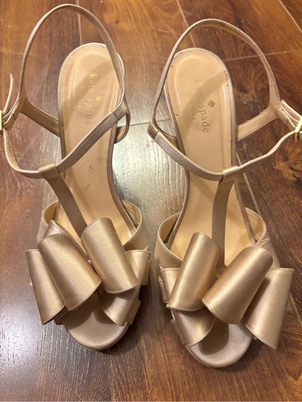Kate Spade New York Champagne Satin Bow Platform Heels 10B Made Italy Bridal